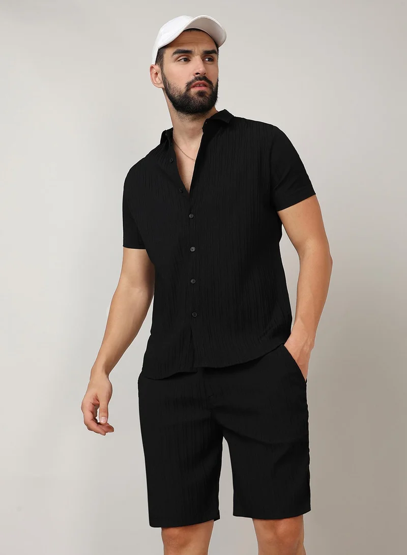 Campus Sutra Men's Midnight Black Self-Design Striped Co-Ord Set For Casual Wear | Spread Collar | Short Sleeve | Button Closure | Co-Ord Set Crafted With Comfort Fit For Everyday Wear